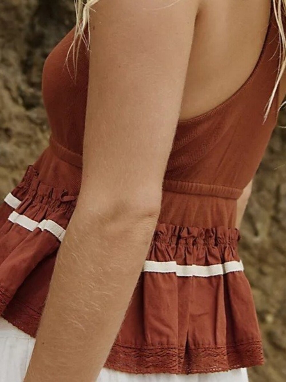 Free People Honey Topaz Ruffled Tank with White Trim New W Tags - Picture 6 of 6